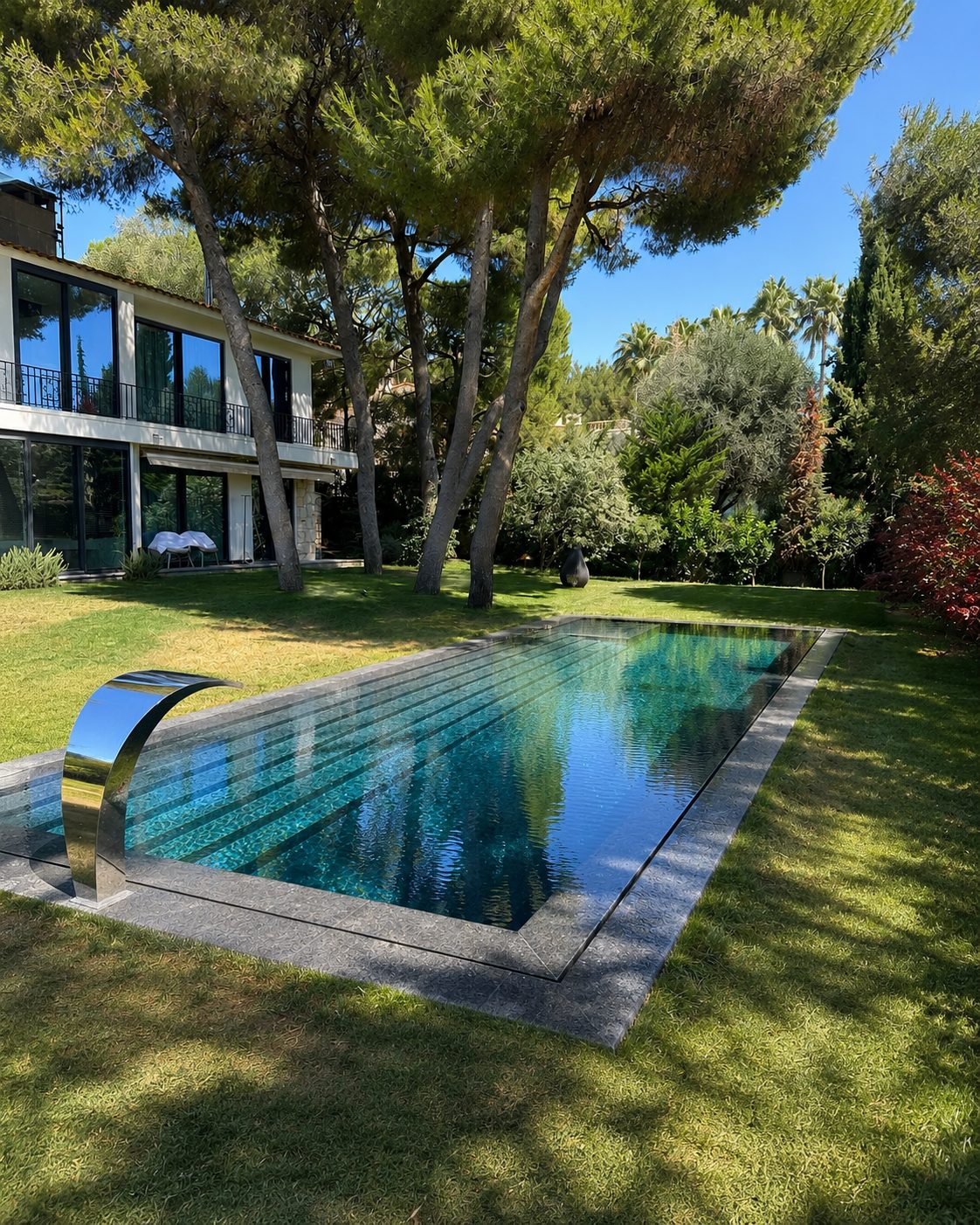 Piscine miroir à l'eau limpide dans un jardin sous les pins