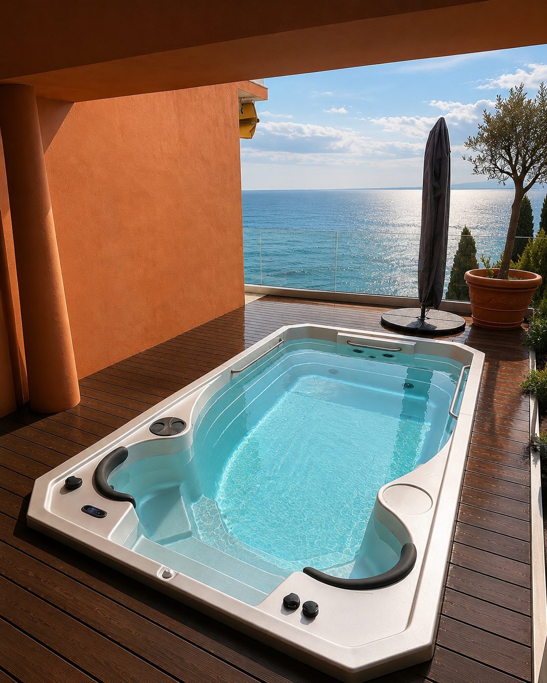 Spa de nage sur une terrasse face à la mer